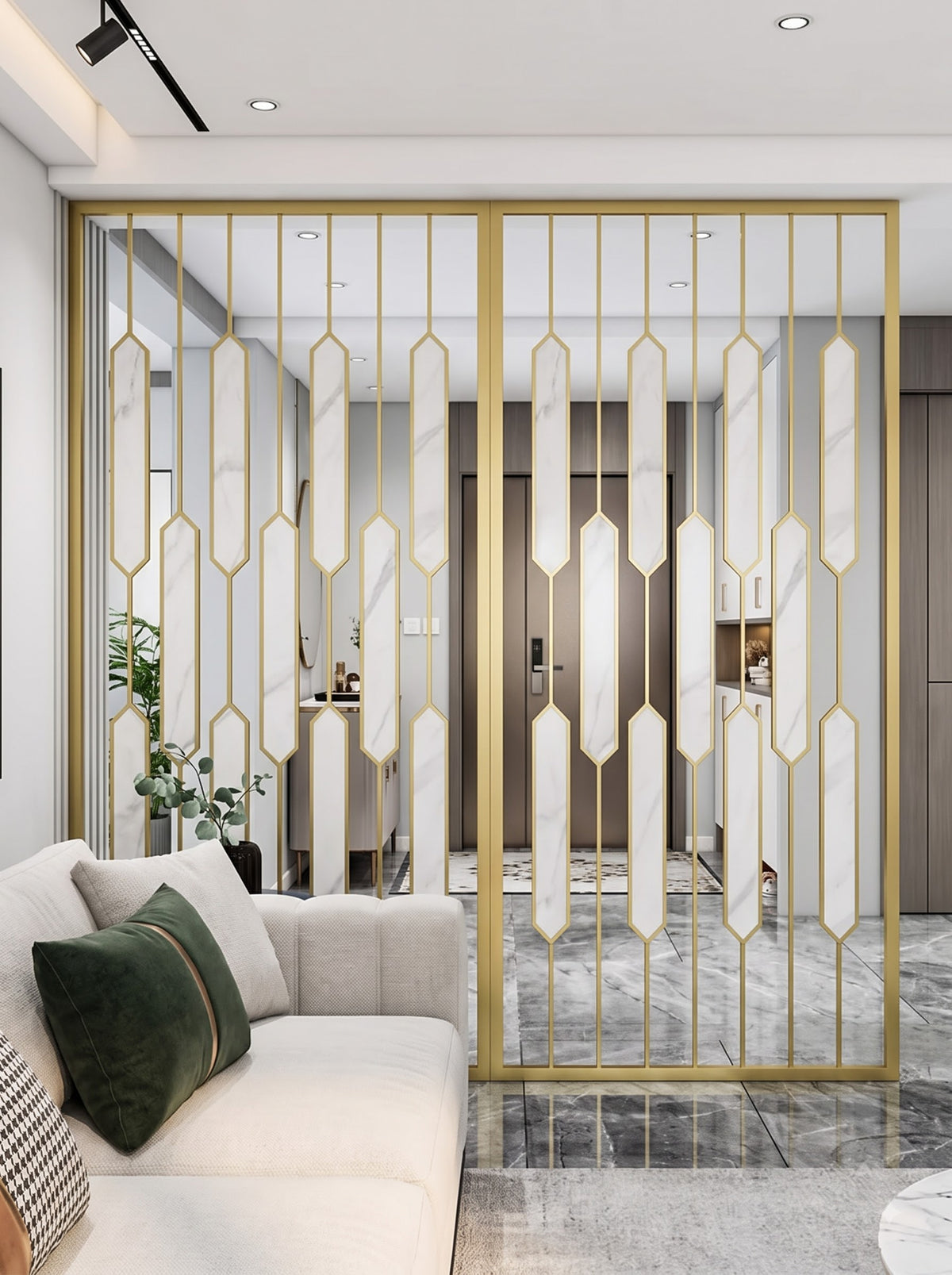Luxury Golden Frame Marble Room Divider – Modern Geometric Decorative Partition for Living Room