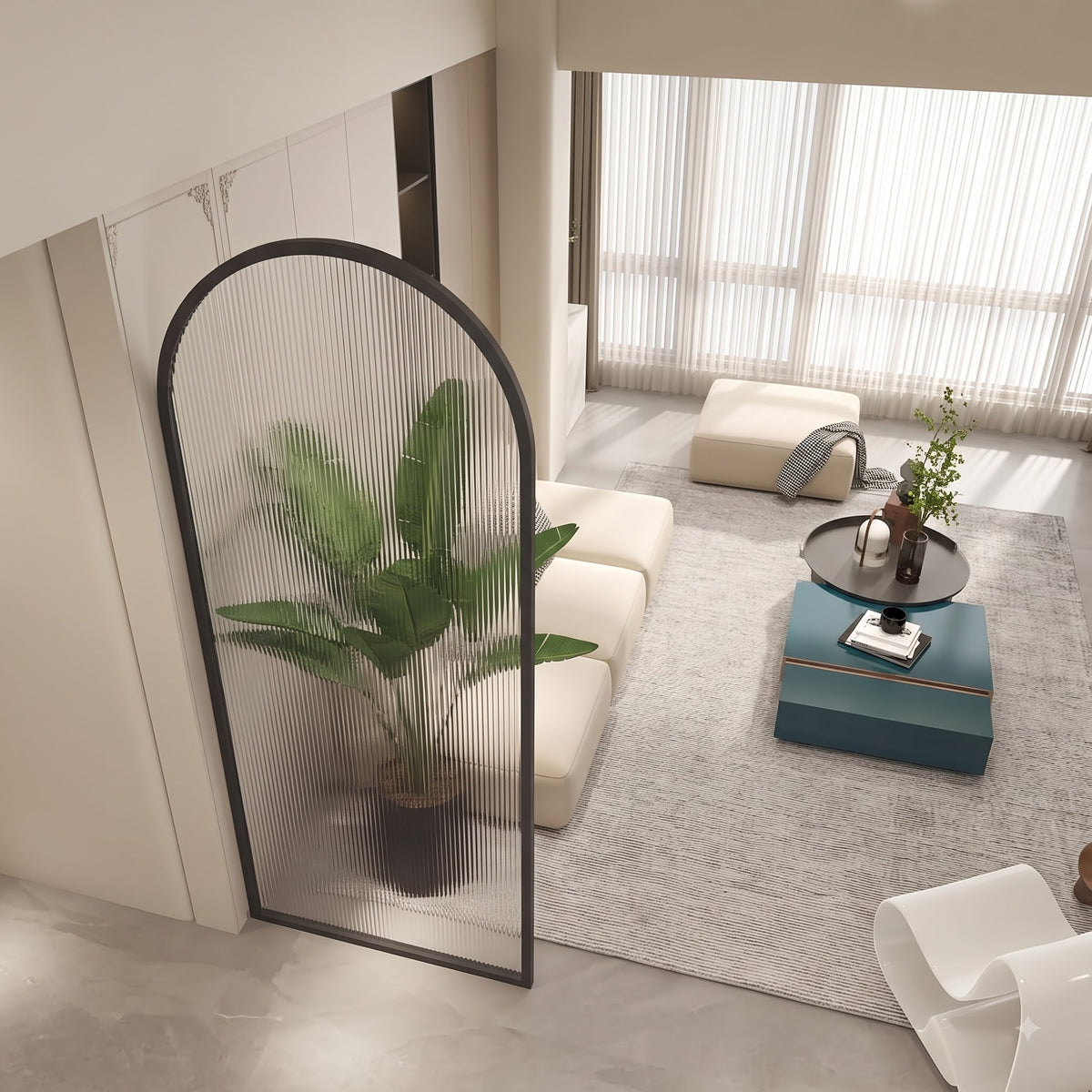 Modern Black Arch Ribbed Glass Room Divider – Luxury Minimalist Decorative Partition for Contemporary Interiors