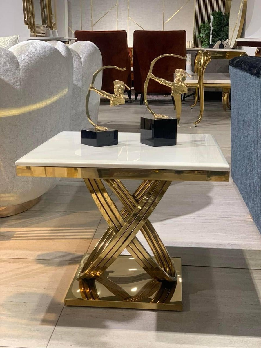 Luxury Marble Top Side Table with Golden Stainless Steel Base – Modern Accent Table - marble side table for living room - view 2 | Kraft Vision