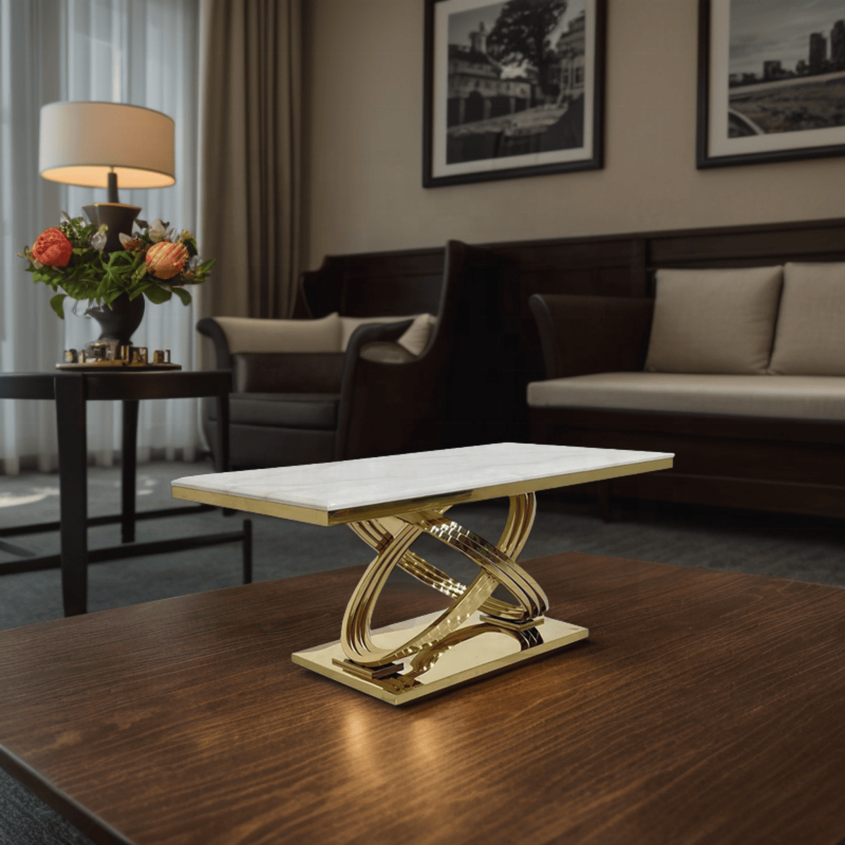 Luxury Marble Top Side Table with Golden Stainless Steel Base – Modern Accent Table - marble side table for living room - view 3 | Kraft Vision