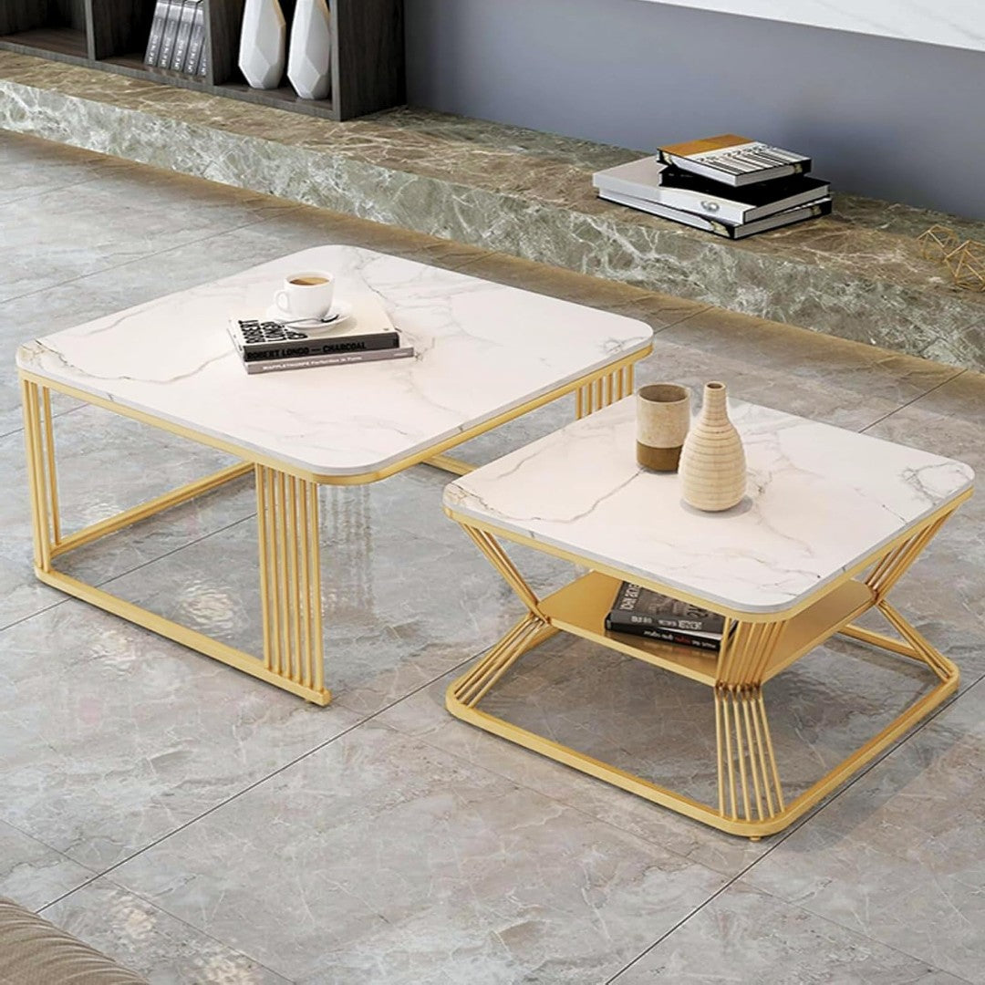 Luxury White Marble Square Coffee Table Set with Golden Frame (2 Pieces) - marble center table for living room - view 3 | Kraft Vision