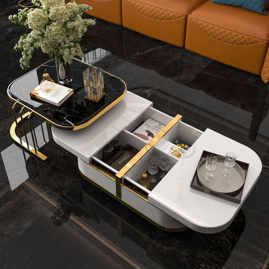 Luxury Black & White Marble Coffee Table Set with Golden Accents - marble center table for living room - view 2 | Kraft Vision