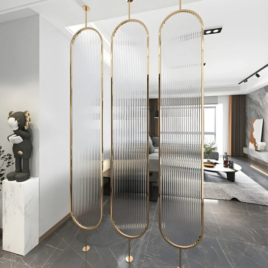 Luxury Golden Frame Room Divider with Frosted Ribbed Glass Panels - gold-finished metal Room Divider for living room - view 1 | Kraft Vision