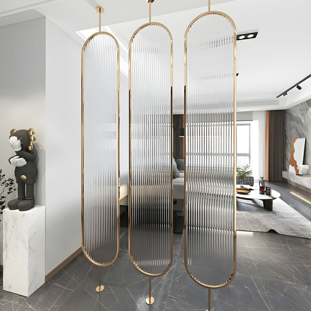 Luxury Golden Frame Room Divider with Frosted Ribbed Glass Panels - gold-finished metal Room Divider for living room - view 2 | Kraft Vision