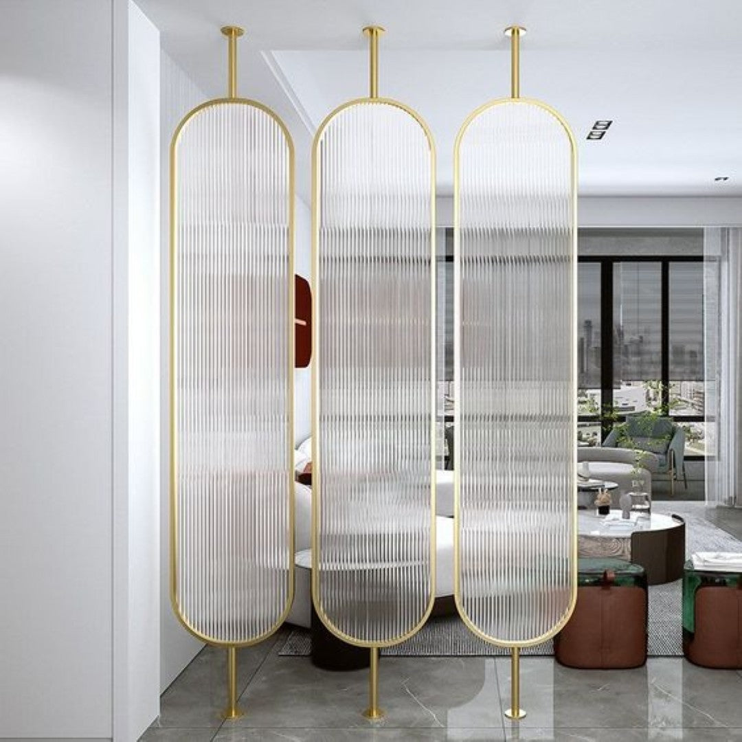 Luxury Golden Frame Room Divider with Frosted Ribbed Glass Panels - gold-finished metal Room Divider for living room - view 3 | Kraft Vision
