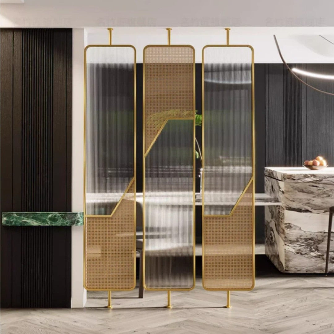Luxury Fusion Partition – Ribbed Glass & Rattan Cane Design - glass Room Divider for living room - view 2 | Kraft Vision