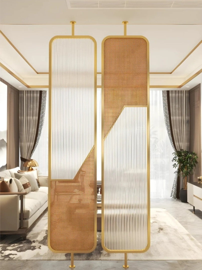 Luxury Fusion Partition – Ribbed Glass & Rattan Cane Design - glass Room Divider for living room - view 3 | Kraft Vision