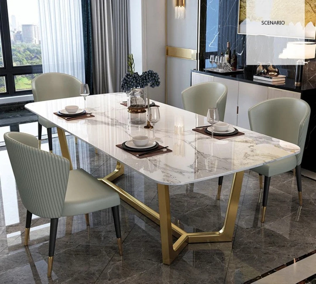Luxury Marble Dining Table with Gold Stainless Steel Base & Upholstered Chairs - marble dining table for dining room - view 2 | Kraft Vision