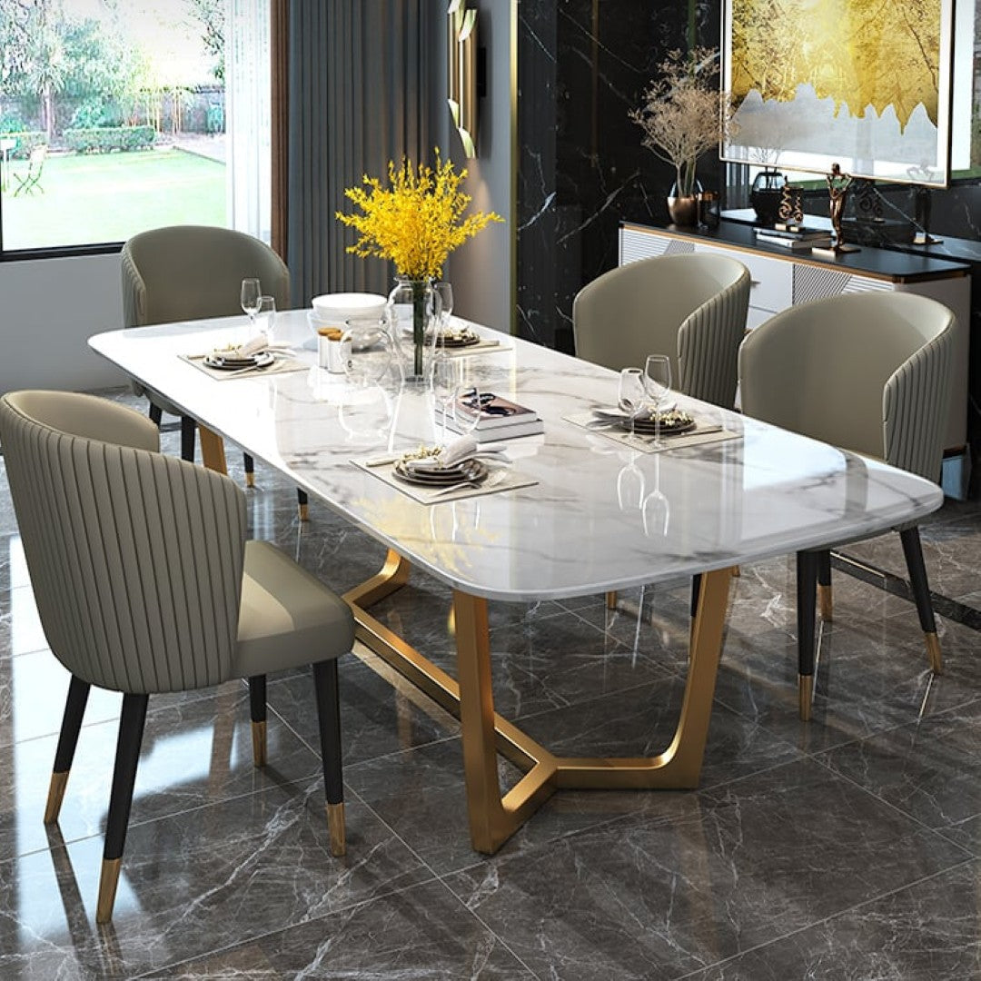 Luxury Marble Dining Table with Gold Stainless Steel Base & Upholstered Chairs - marble dining table for dining room - view 3 | Kraft Vision