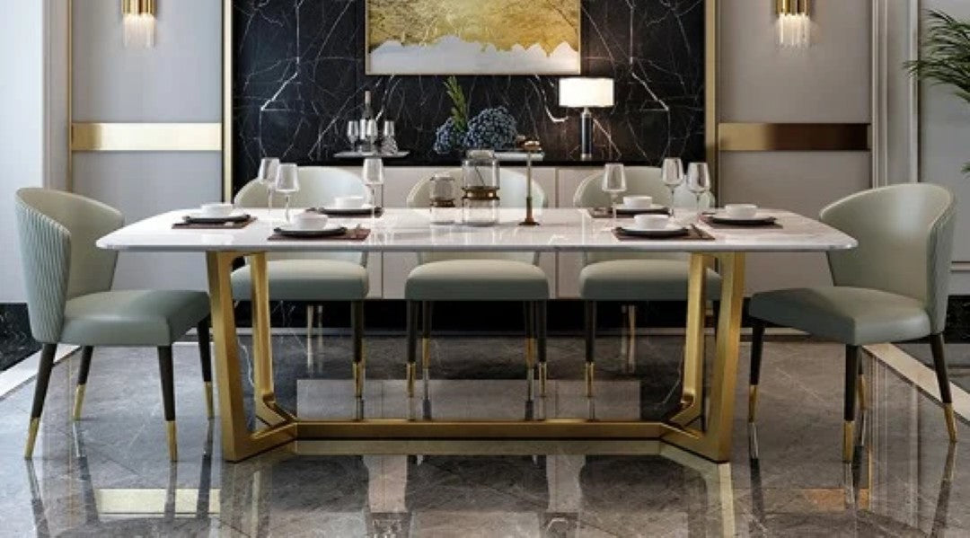 Luxury Marble Dining Table with Gold Stainless Steel Base & Upholstered Chairs - marble dining table for dining room - view 4 | Kraft Vision