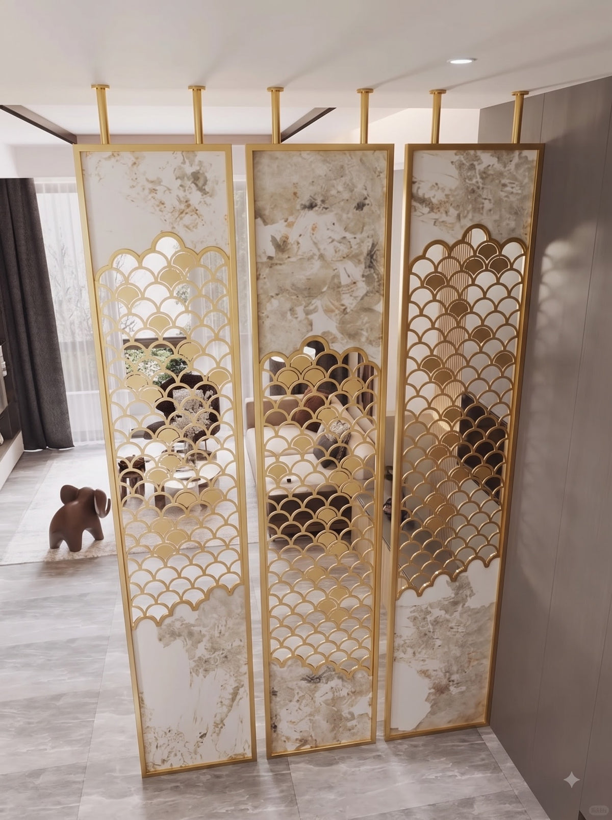Luxury Gold Scallop Pattern Room Divider with Marble-Look Panels