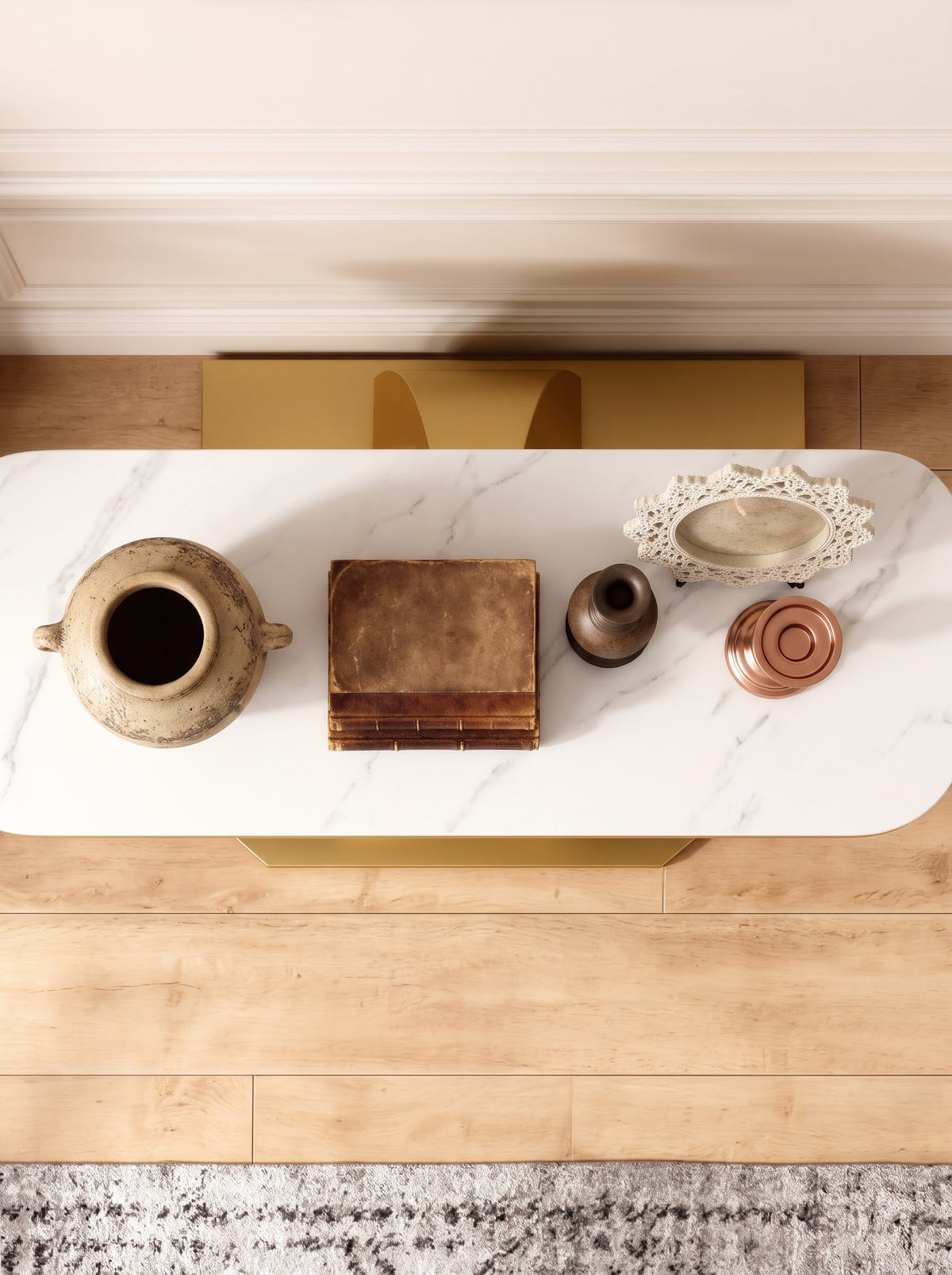 Luxury Gold Console Table with White Marble-Look Top and Sculptural Teardrop Pedestal Base – Modern Designer Entryway Table for Living Room, Hallway, Foyer and Elegant Home Decor