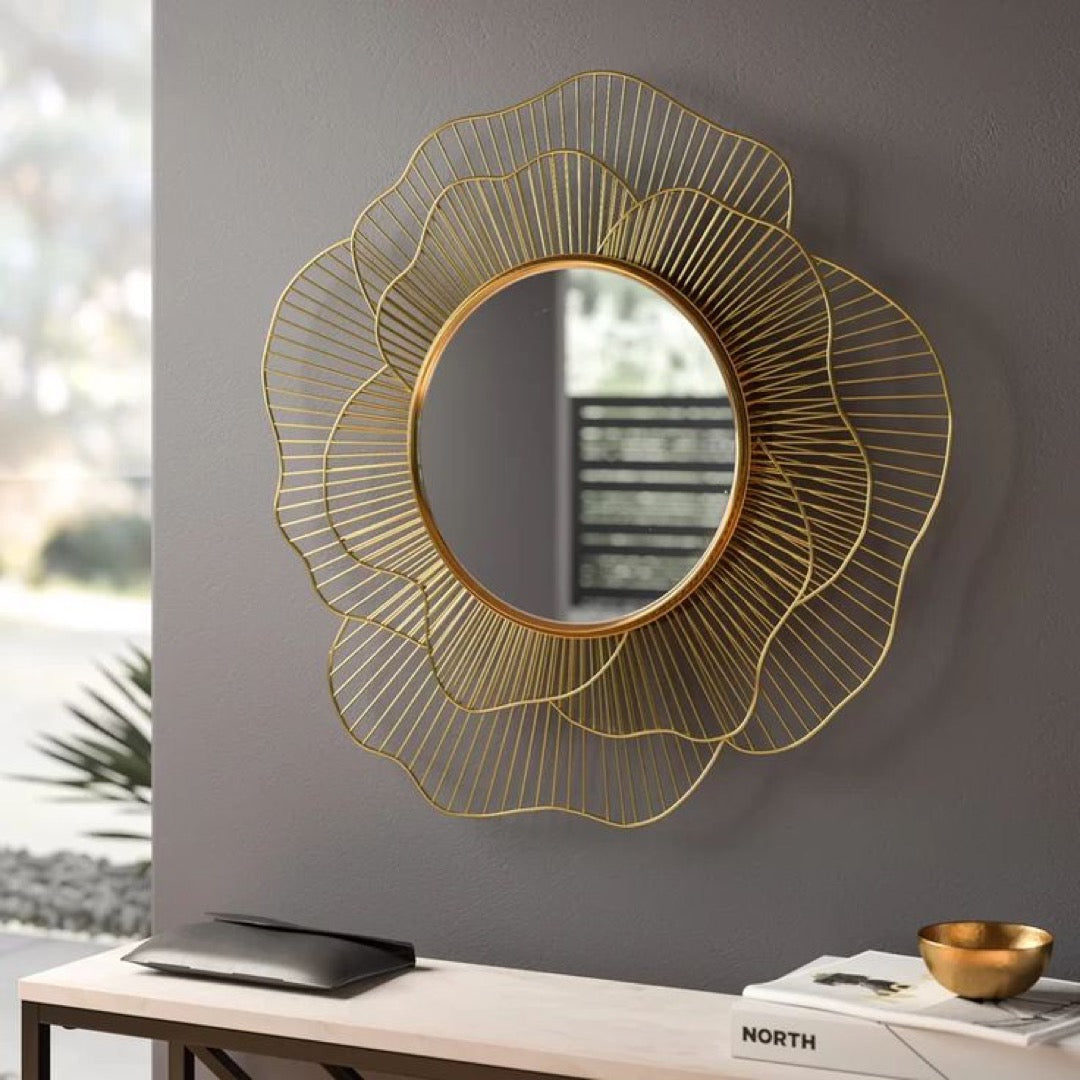 Elegant Gold Wire-Framed Floral Mirror - gold-finished metal furniture for entryway or bedroom | Kraft Vision