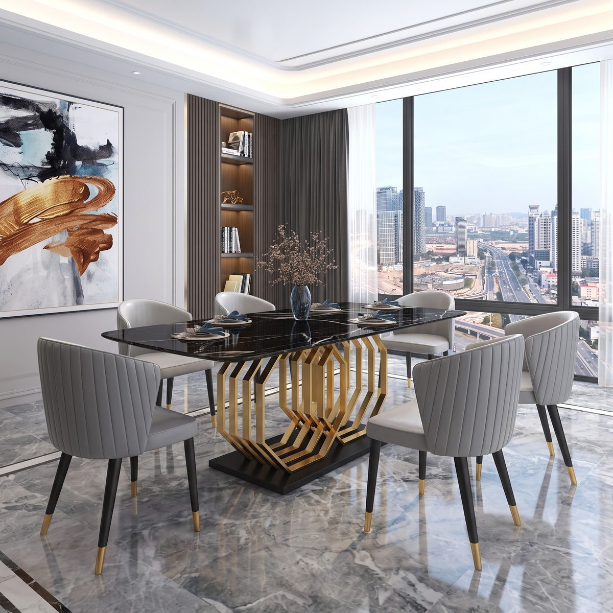 Premium Black Marble Dining Table Set with Geometric Gold Base and Modern Grey Chairs