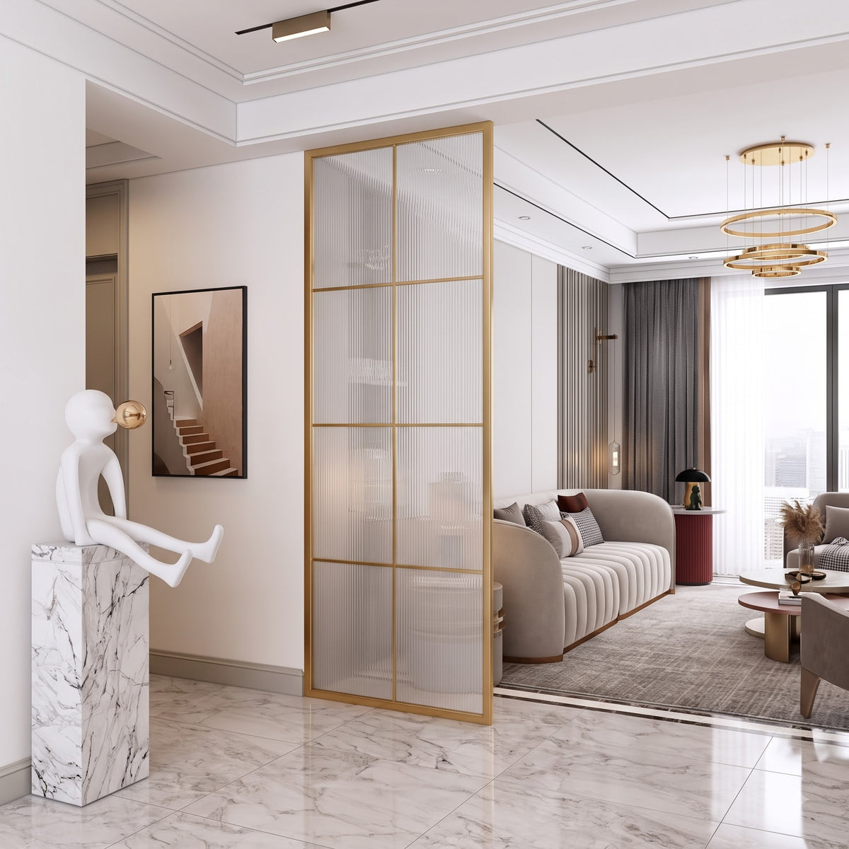 Modern Luxury Gold Frame Fluted Glass Partition – Tall Ribbed Glass Room Divider for Elegant Contemporary Interiors