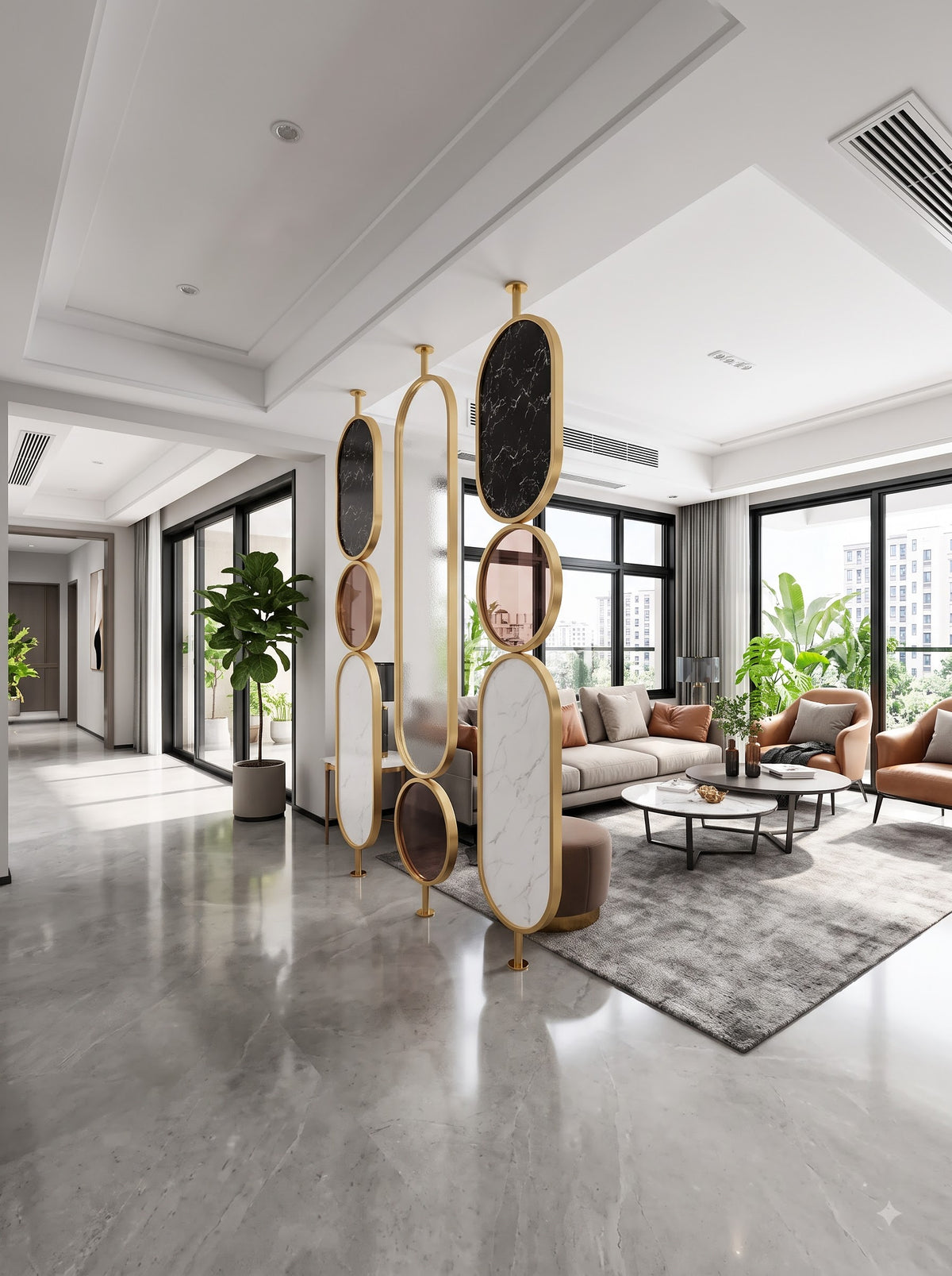 Luxury Golden Frame Marble & Textured Glass Decorative Room Divider – Modern Designer Partition
