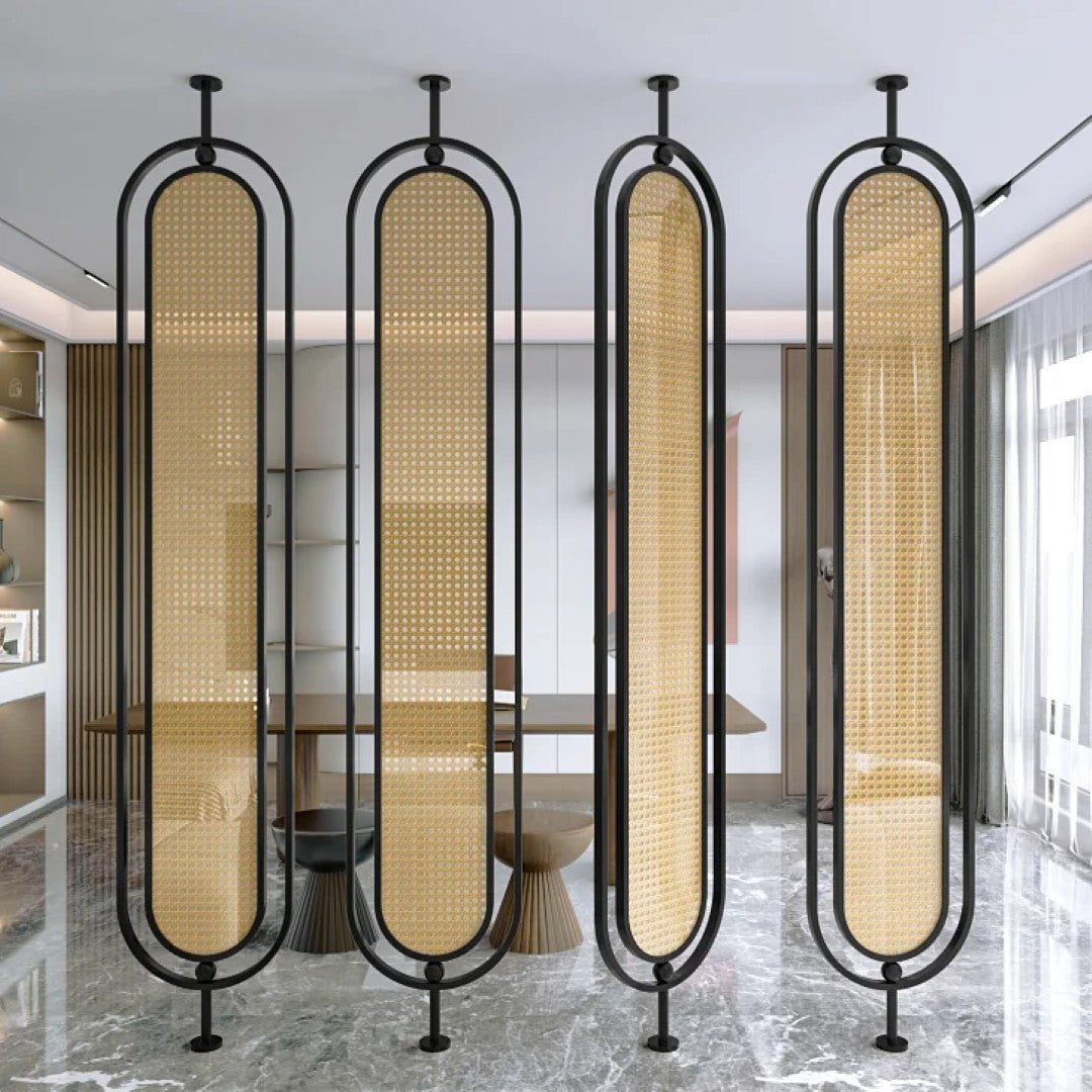 Modern Black Frame Rattan Weave Partition - handcrafted Room Divider for living room - view 1 | Kraft Vision