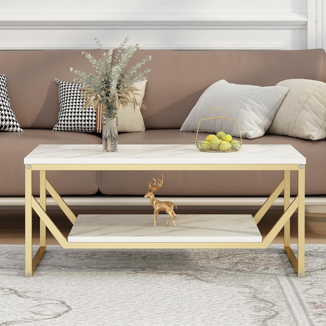 Modern White Marble Rectangular Coffee Table with Golden Frame & Shelf - marble center table for living room - view 2 | Kraft Vision