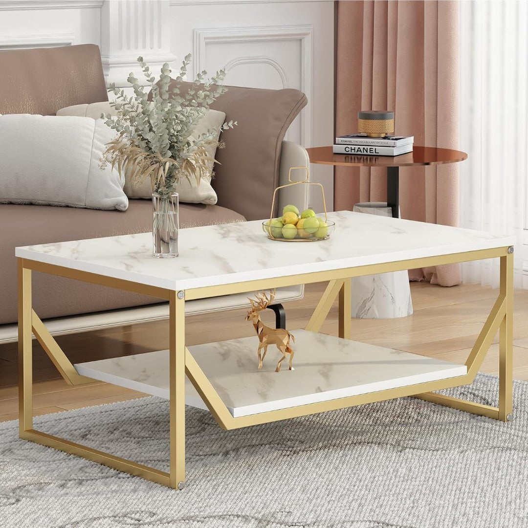 Modern White Marble Rectangular Coffee Table with Golden Frame & Shelf - marble center table for living room - view 3 | Kraft Vision