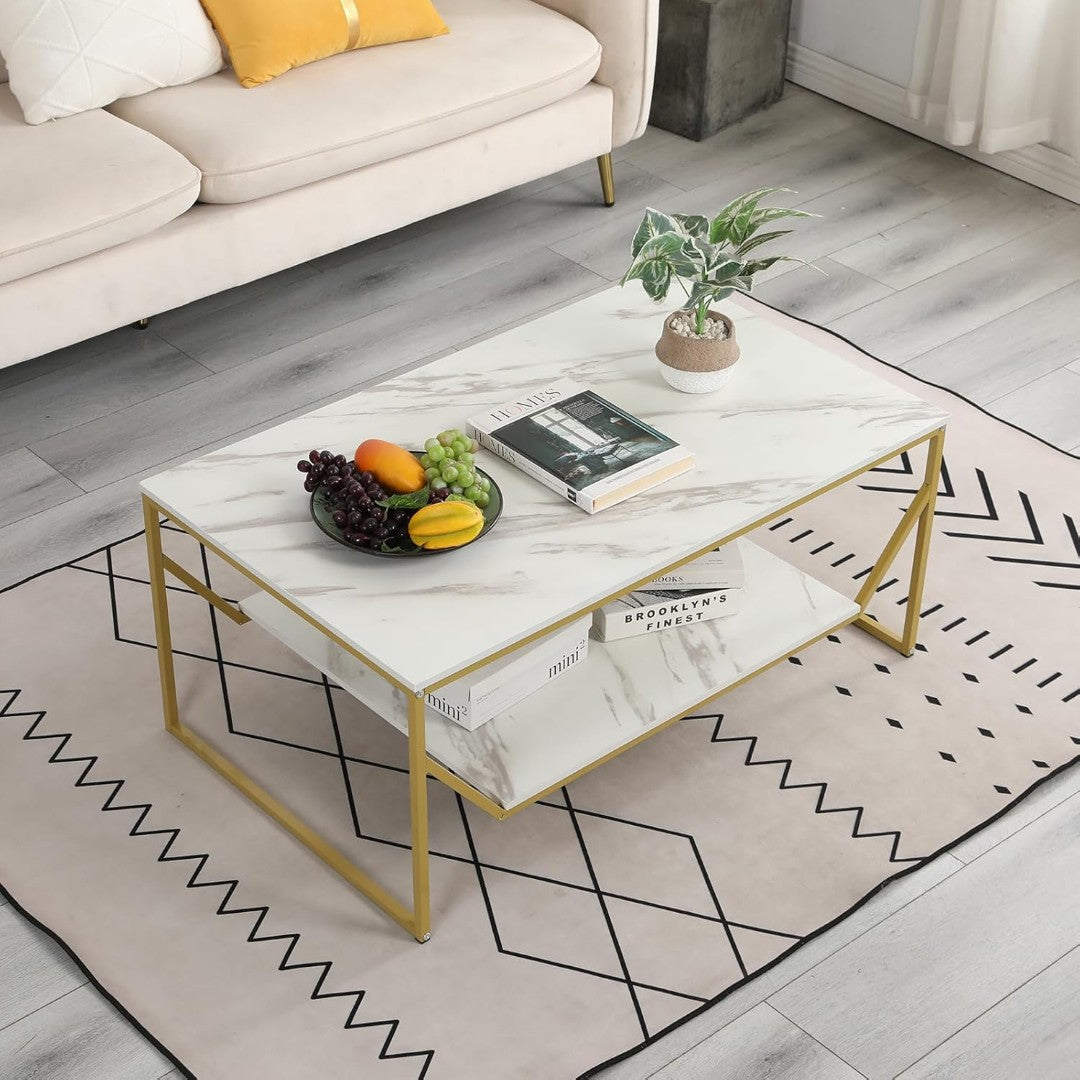 Modern White Marble Rectangular Coffee Table with Golden Frame & Shelf - marble center table for living room - view 5 | Kraft Vision