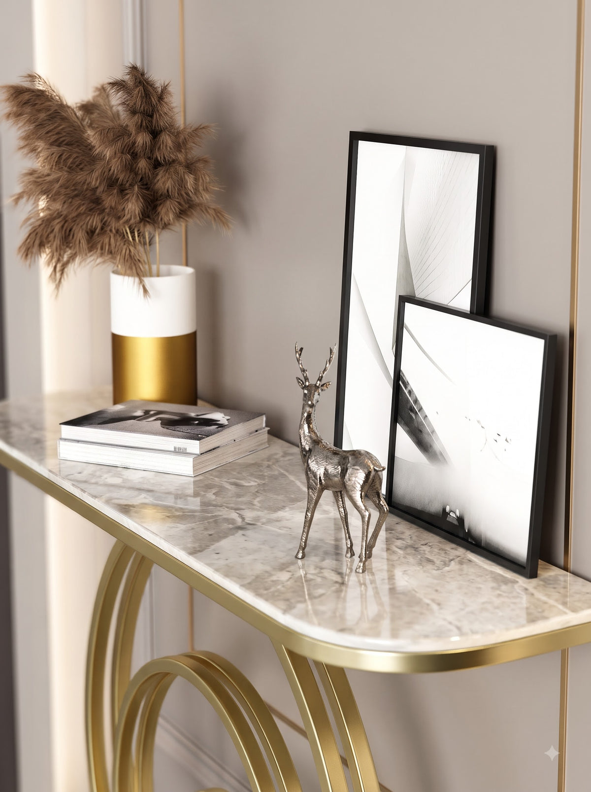 Luxury Gold Circular Console Table with Marble-Look Top and Sculptural Concentric Ring Base – Modern Designer Entryway Table for Living Room, Hallway, Foyer and Luxury Home
