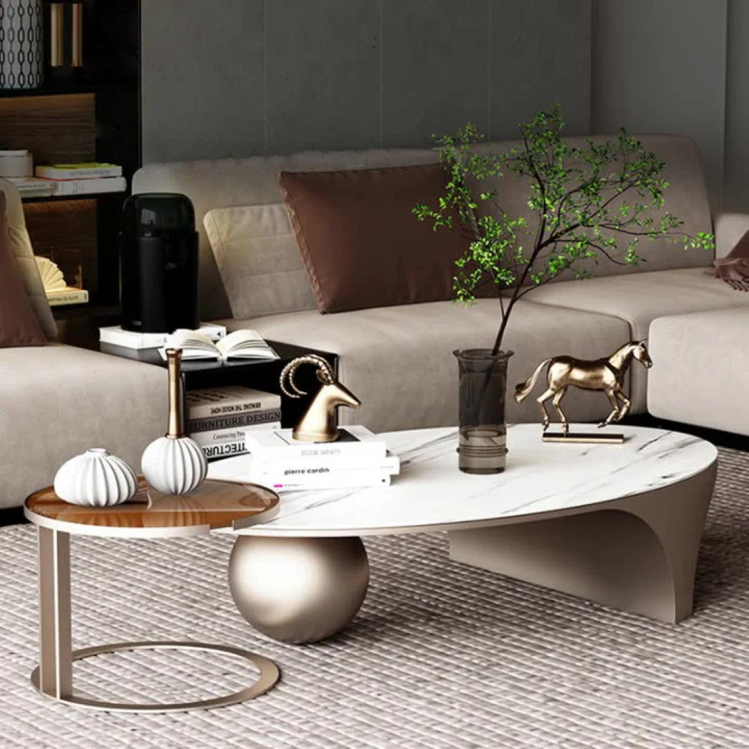 Modern Oval Marble Coffee Table Set with Metallic Sphere Base & Wooden Side Table - marble center table for living room - view 3 | Kraft Vision