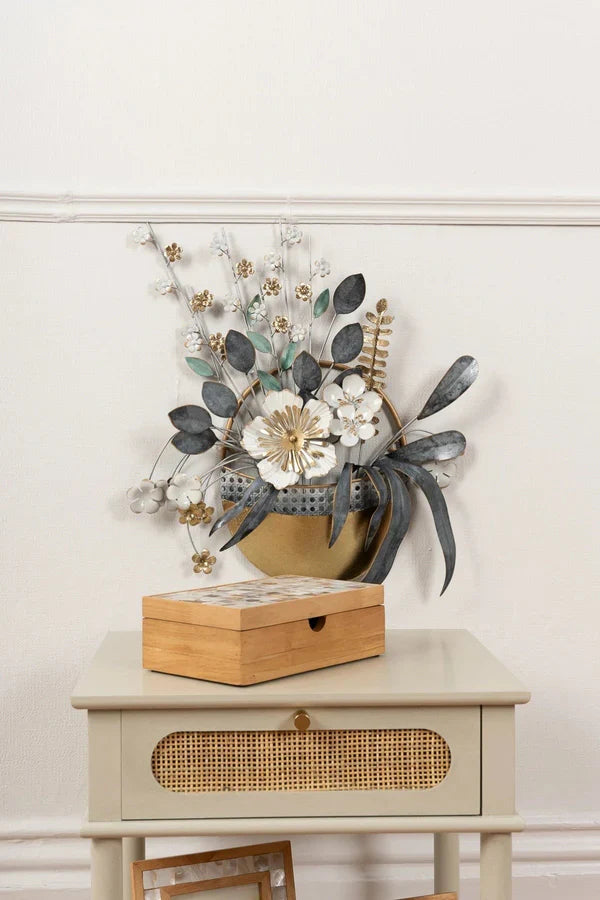 Posy Floral Vase Metal Wall Art – Grey, White & Gold Finish - gold-finished metal wall art for living room wall - view 2 | Kraft Vision