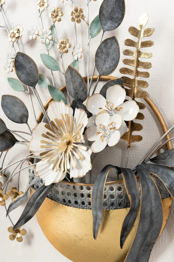 Posy Floral Vase Metal Wall Art – Grey, White & Gold Finish - gold-finished metal wall art for living room wall - view 3 | Kraft Vision