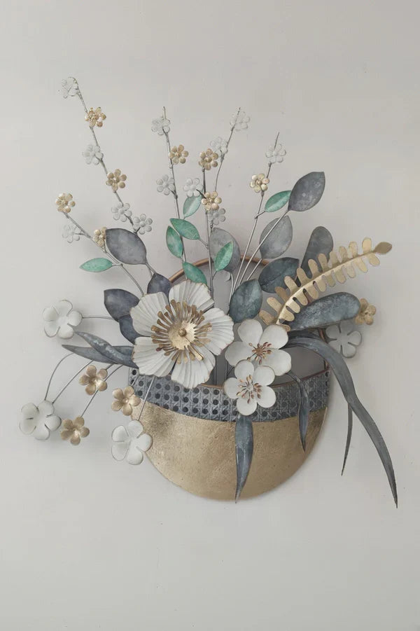 Posy Floral Vase Metal Wall Art – Grey, White & Gold Finish - gold-finished metal wall art for living room wall - view 4 | Kraft Vision