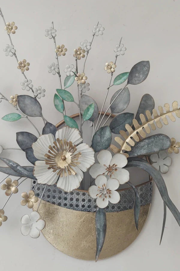 Posy Floral Vase Metal Wall Art – Grey, White & Gold Finish - gold-finished metal wall art for living room wall - view 5 | Kraft Vision