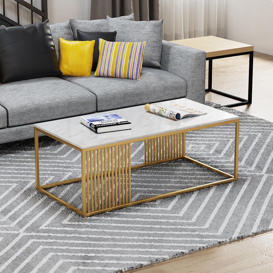 Modern Rectangular White Marble Coffee Table with Golden Stripe Base - marble center table for living room - view 1 | Kraft Vision