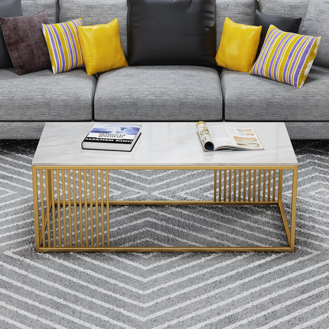 Modern Rectangular White Marble Coffee Table with Golden Stripe Base - marble center table for living room - view 2 | Kraft Vision