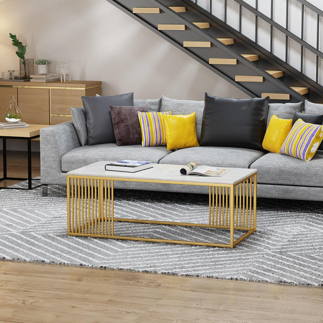 Modern Rectangular White Marble Coffee Table with Golden Stripe Base - marble center table for living room - view 3 | Kraft Vision