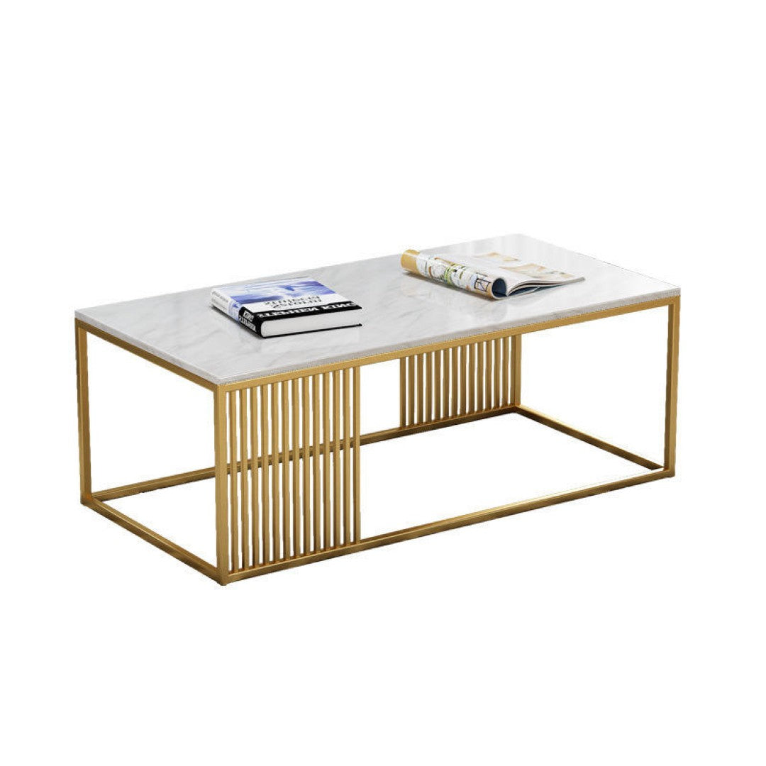 Modern Rectangular White Marble Coffee Table with Golden Stripe Base - marble center table for living room - view 4 | Kraft Vision