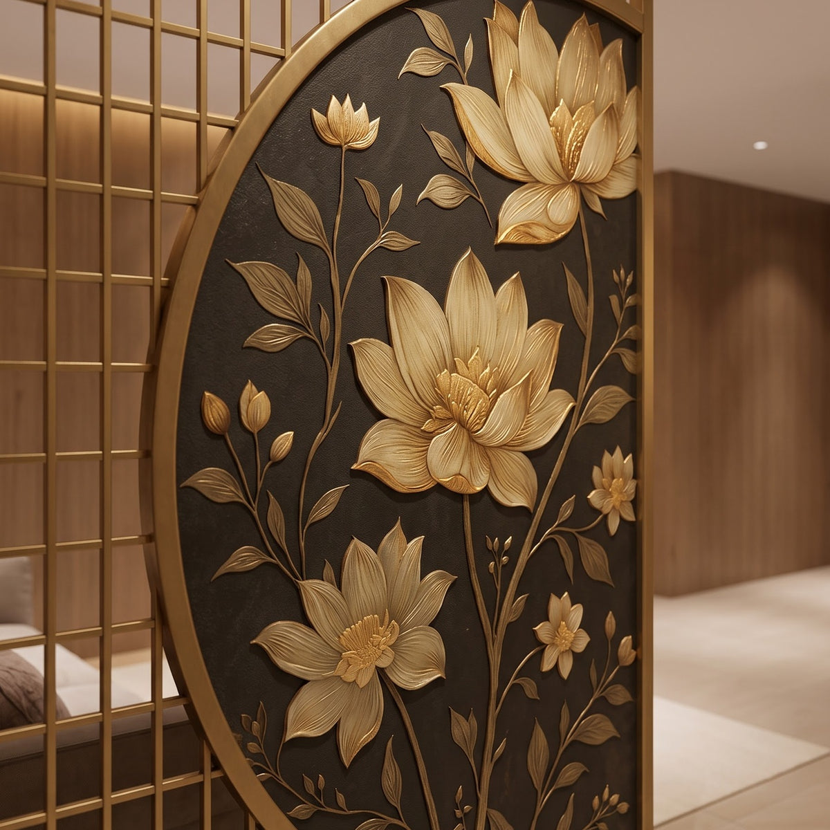 Luxury Golden Lotus Decorative Room Divider | Premium Designer Partition