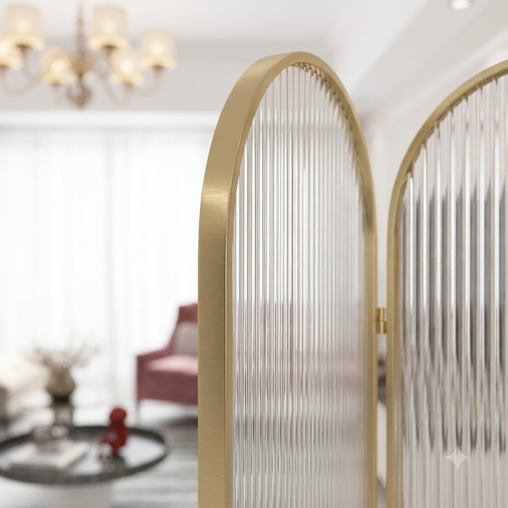 Luxury Golden Arched Fluted Glass Room Divider – Modern Decorative Partition Screen