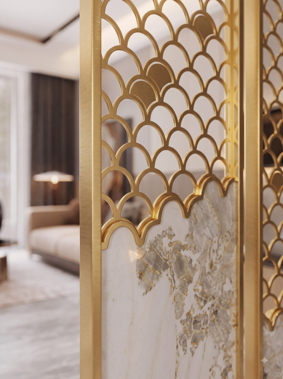 Luxury Gold Scallop Pattern Room Divider with Marble-Look Panels