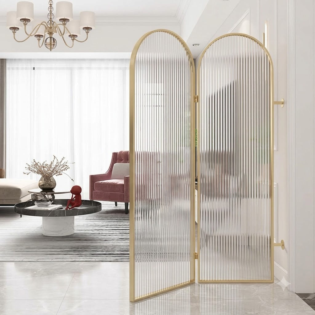 Luxury Golden Arched Fluted Glass Room Divider – Modern Decorative Partition Screen
