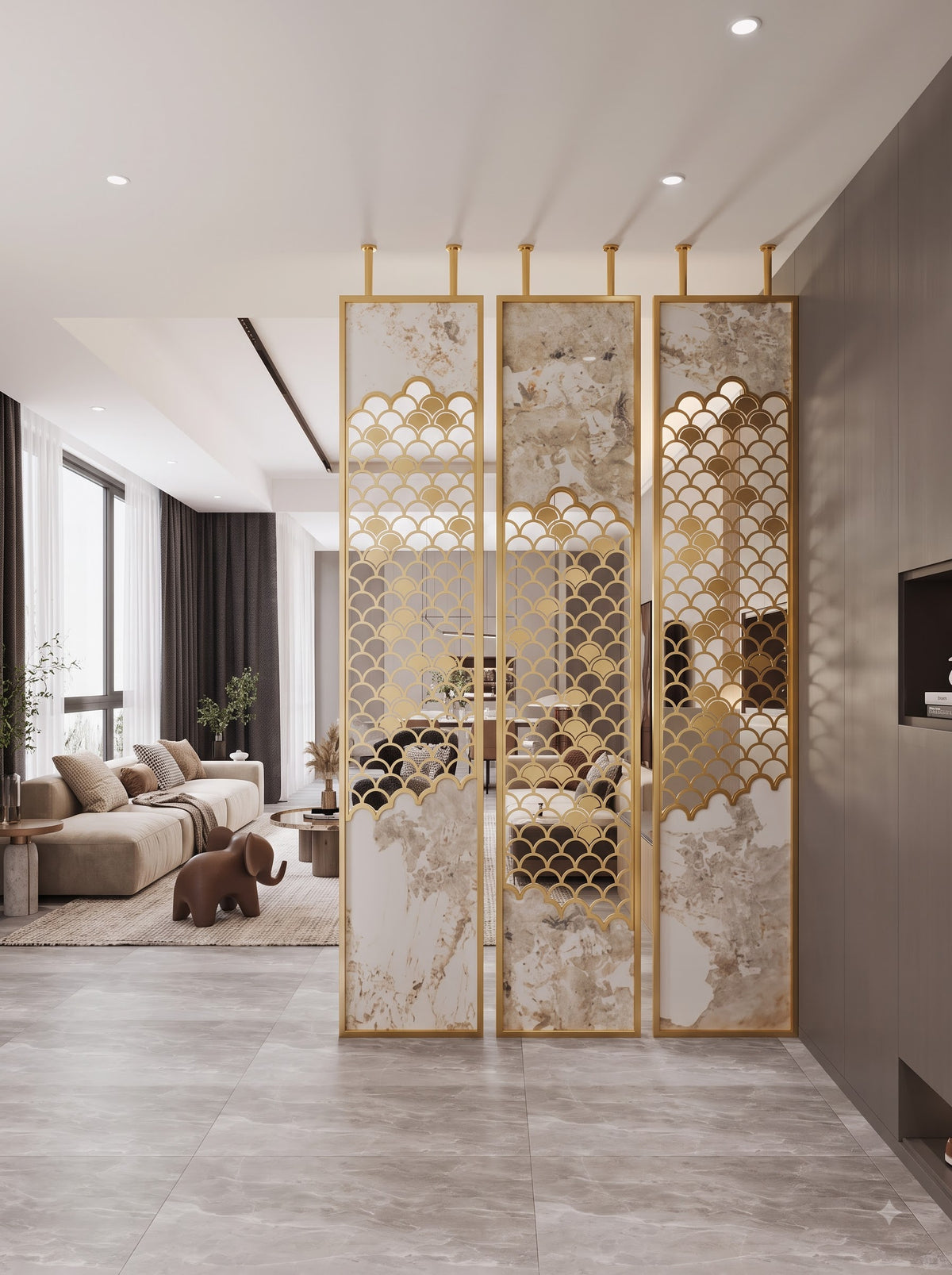 Luxury Gold Scallop Pattern Room Divider with Marble-Look Panels