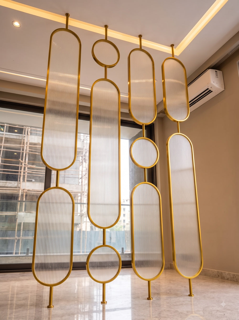 Luxury Golden Geometric Fluted Glass Room Divider – Modern Decorative Partition Screen