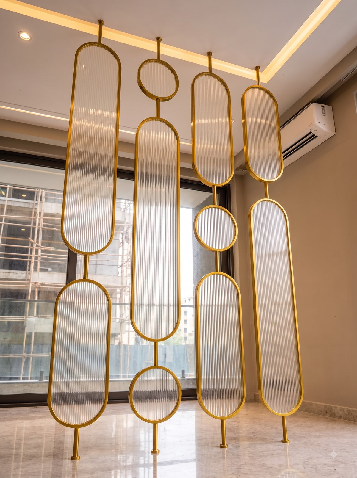 Luxury Golden Geometric Fluted Glass Room Divider – Modern Decorative Partition Screen