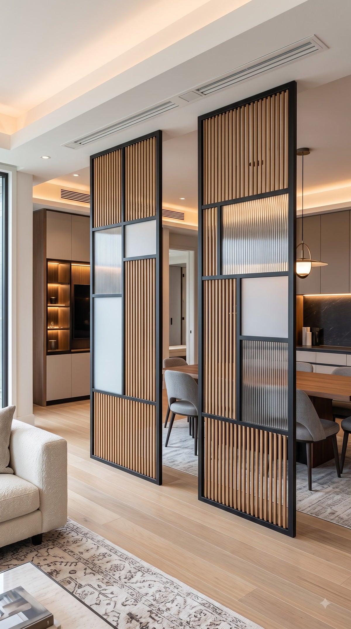 Modern Black Frame Wooden Slat Room Divider with Frosted Glass Panels – Luxury Geometric Interior Partition