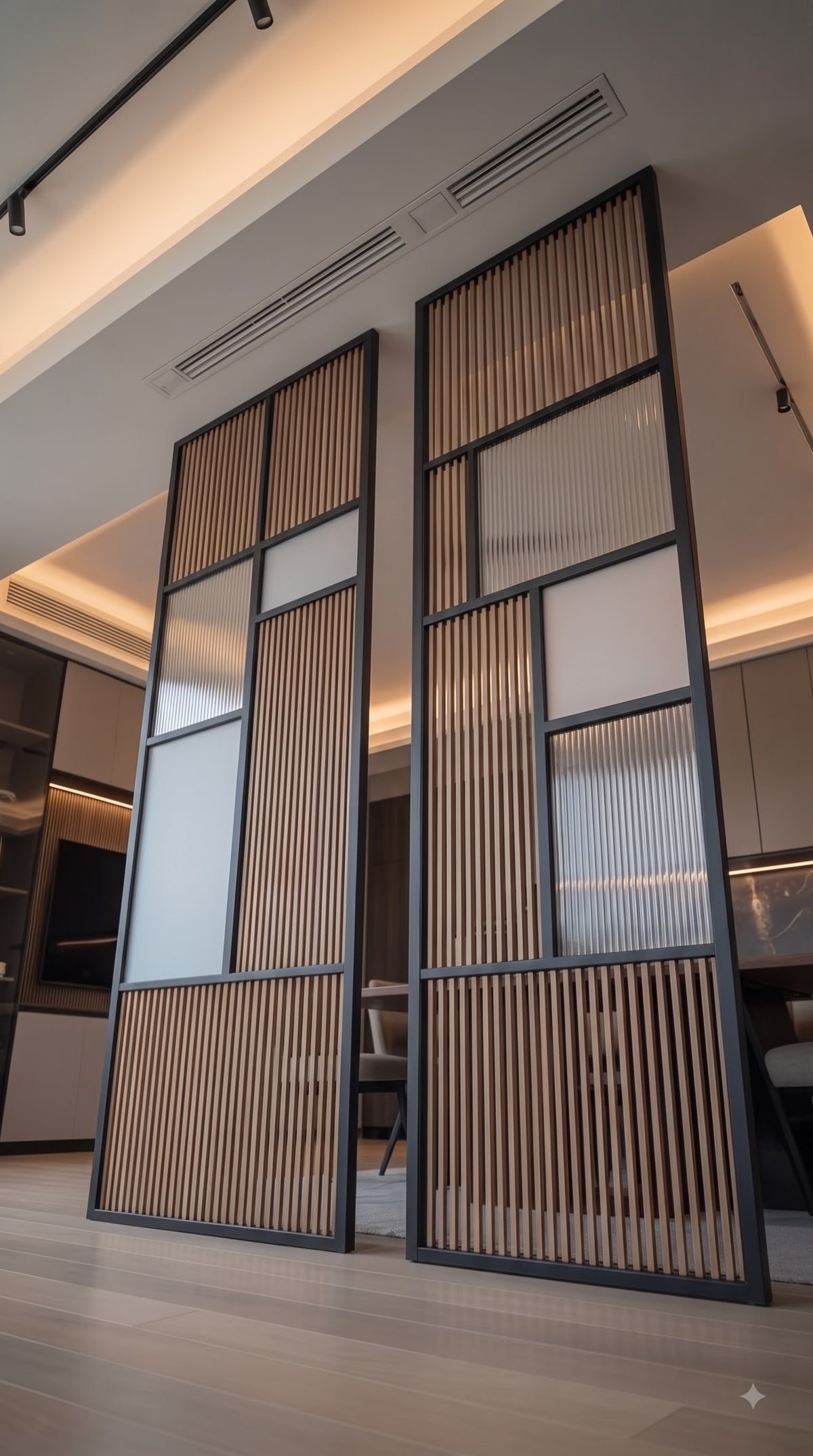 Modern Black Frame Wooden Slat Room Divider with Frosted Glass Panels – Luxury Geometric Interior Partition