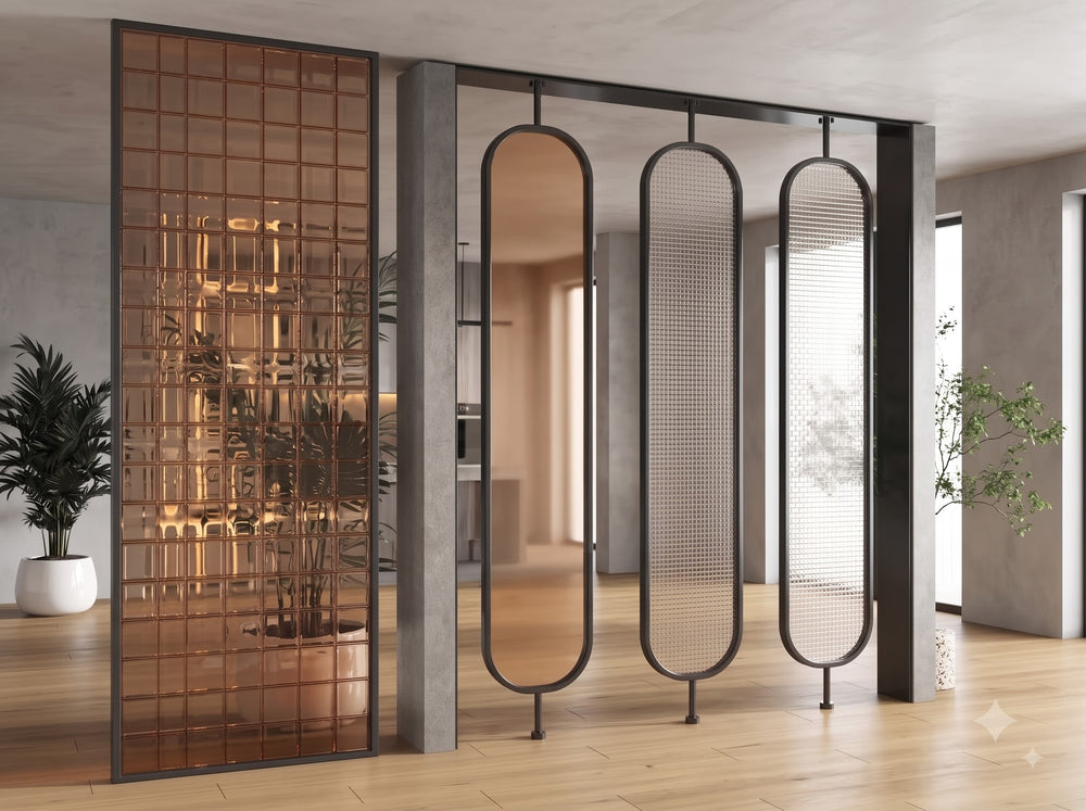 Luxury Black Frame Room Divider with Bronze & Textured Glass Panels – Modern Designer Partition | Kraft Vision