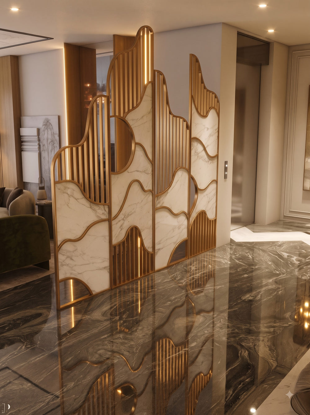 Luxury Golden Wavy Marble Room Divider – Modern Designer Decorative Partition Screen