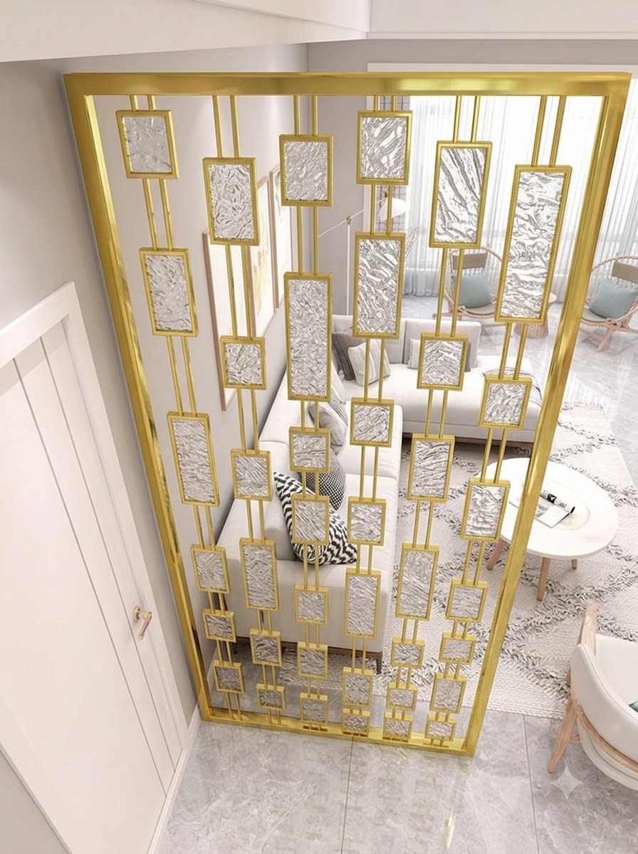 Luxury Golden Geometric Room Divider with Textured Marble Panels – Modern Decorative Partition | Kraft Vision