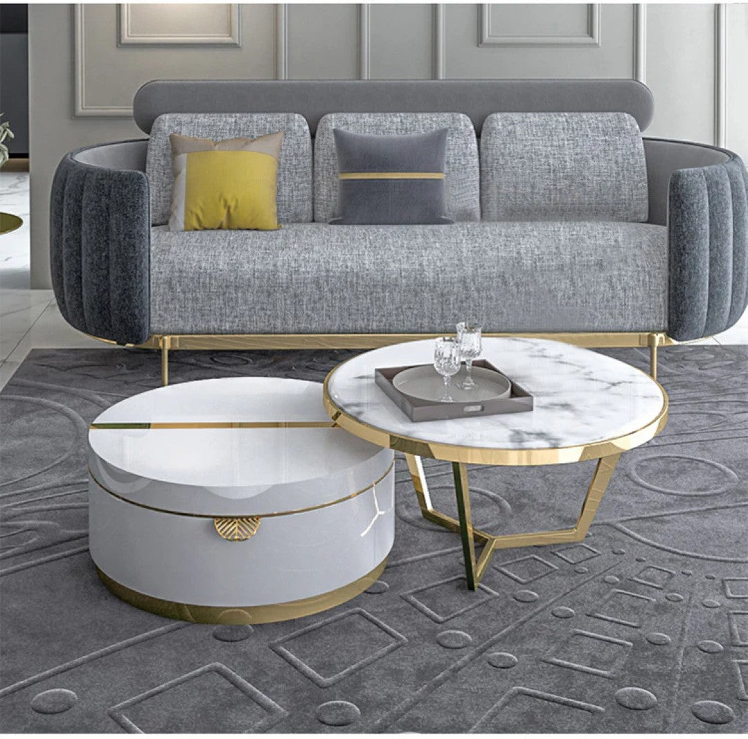 Luxury Round Marble Coffee Table Set with White Storage Base & Golden Accents - marble center table for living room - view 1 | Kraft Vision