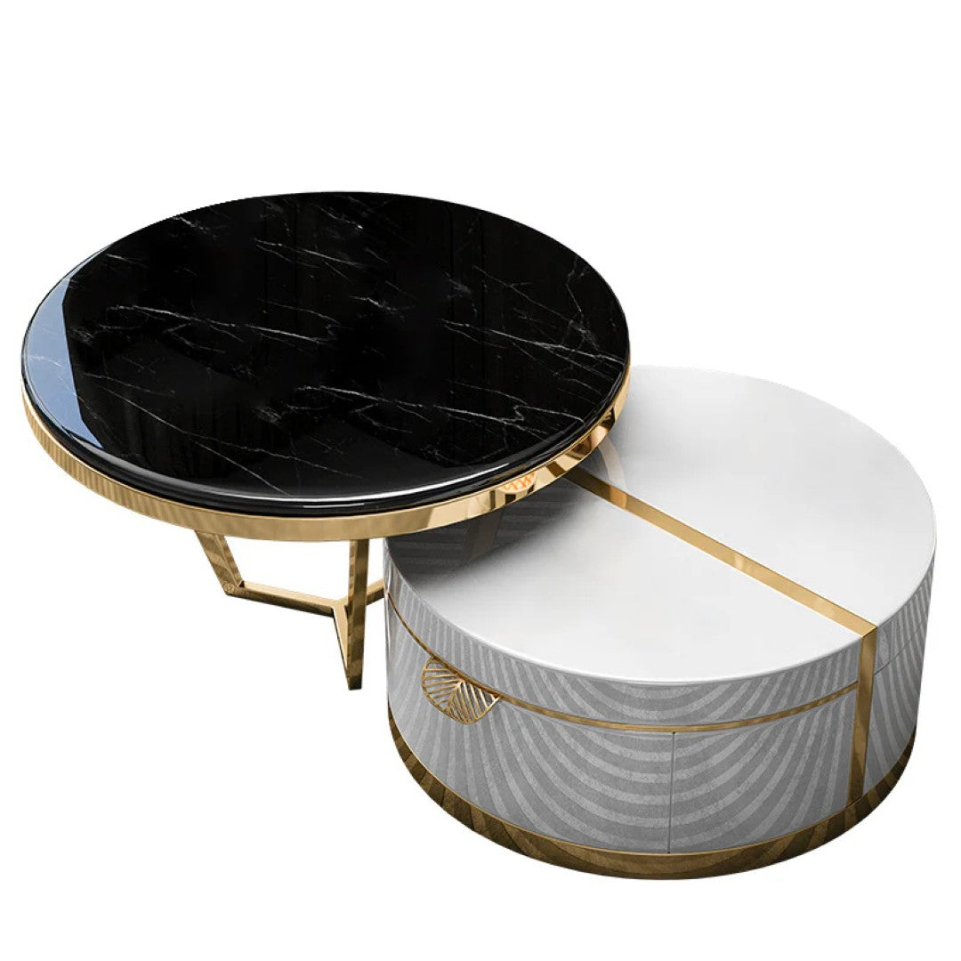 Luxury Round Marble Coffee Table Set with White Storage Base & Golden Accents - marble center table for living room - view 4 | Kraft Vision