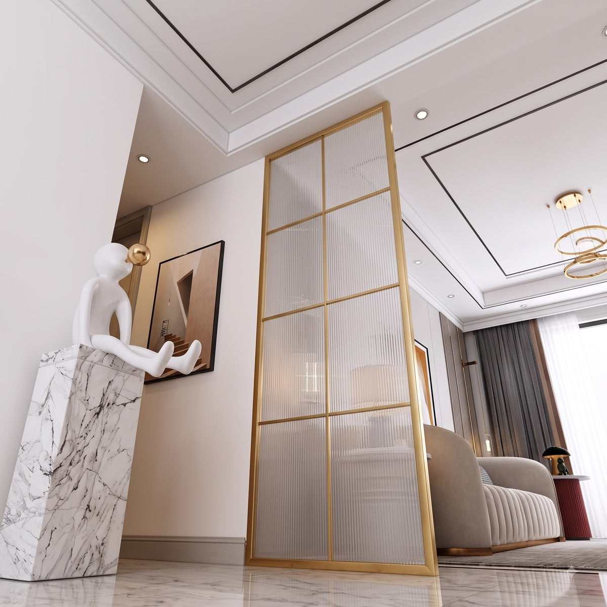 Modern Luxury Gold Frame Fluted Glass Partition – Tall Ribbed Glass Room Divider for Elegant Contemporary Interiors