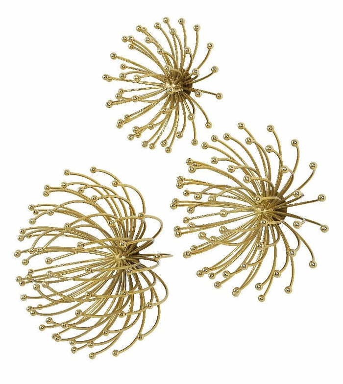 3D Abstract Burst Metal Wall Art – Golden Wall Sculpture (Set of 3) - gold-finished metal wall art for living room wall - view 2 | Kraft Vision